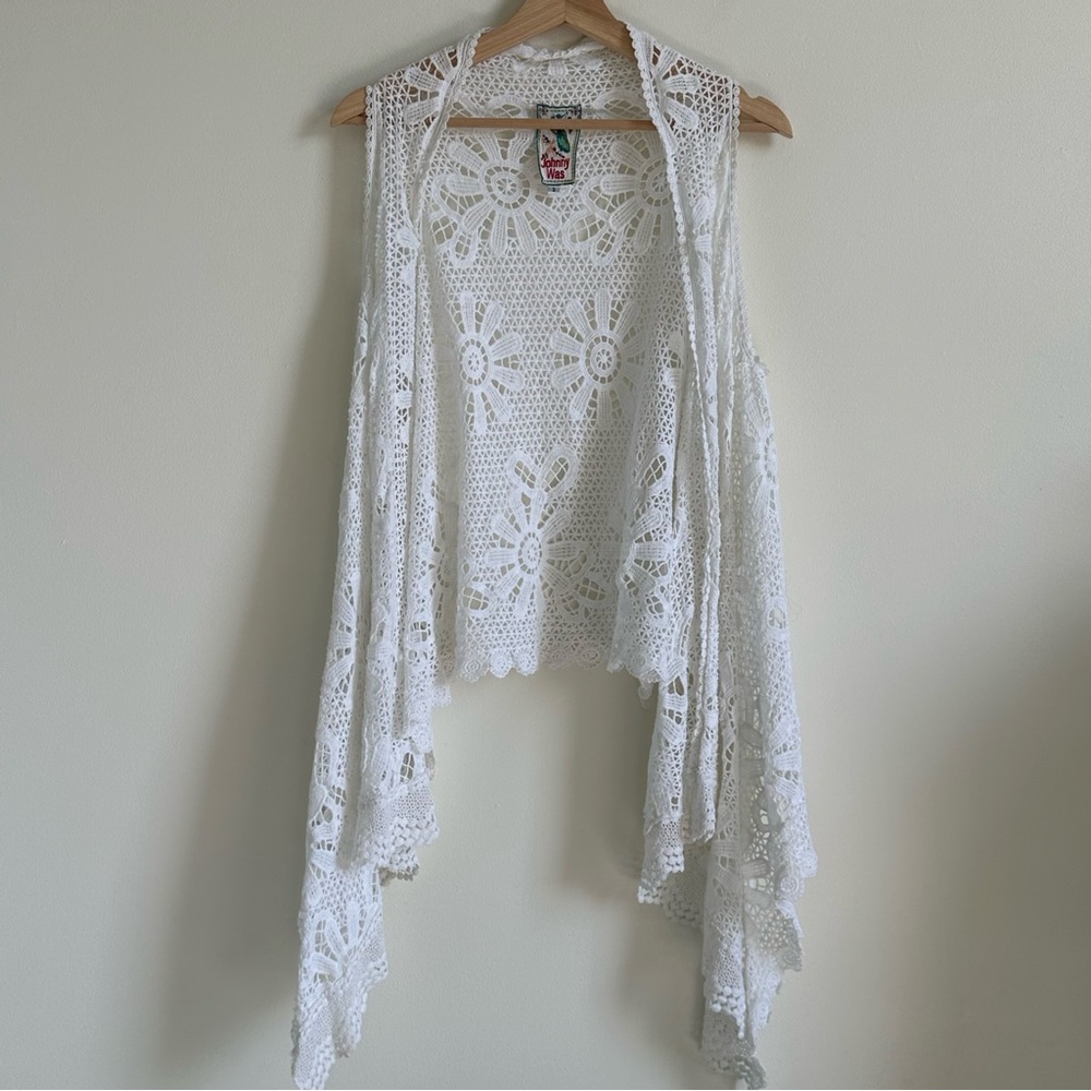 Jonny was White Crochet Sleeveless Cardigan
